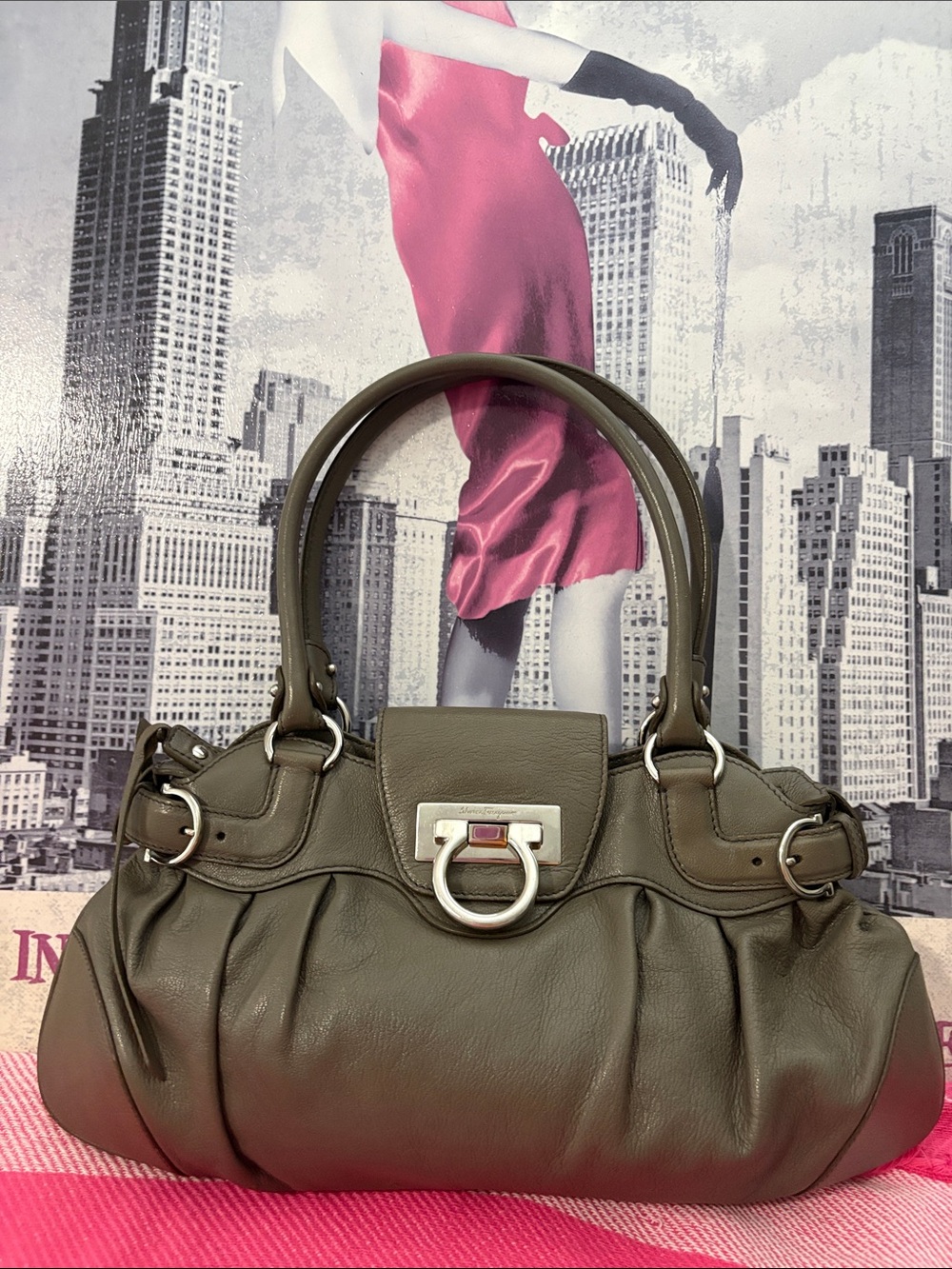Salvatore Ferragamo Olive Green Leather Shoulder Bag with Silver Hardware